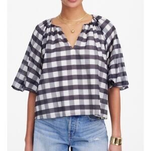 NWT Madewell Bubble-Sleeve Top True Black Gingham Plaid Short Sleeve Size 2